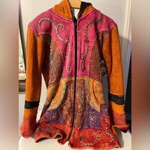 VTG Y2K Womens Hippie Patchwork Colorful Black Zip Hoodie Size Medium W Purse